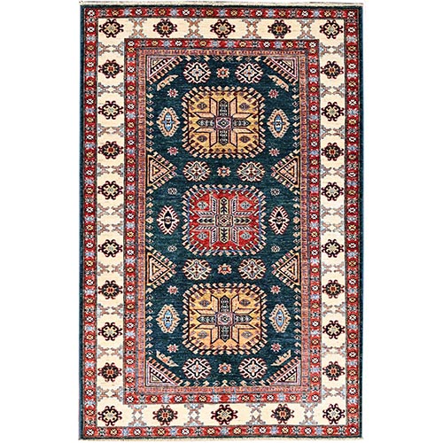 Deep Teal, Afghan Super Kazak Design with Large Elements, Dense Weave, Natural Dyes, Hand Knotted, Natural Wool, Oriental Rug