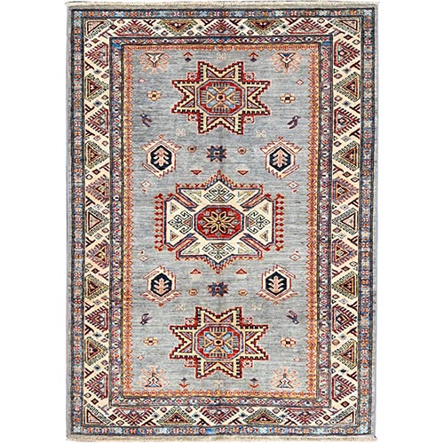 High-rise Gray, Hand Knotted Natural Dyes, Super Kazak Dense Weave With Tribal Medallion Design, Extra Soft Wool Oriental Rug