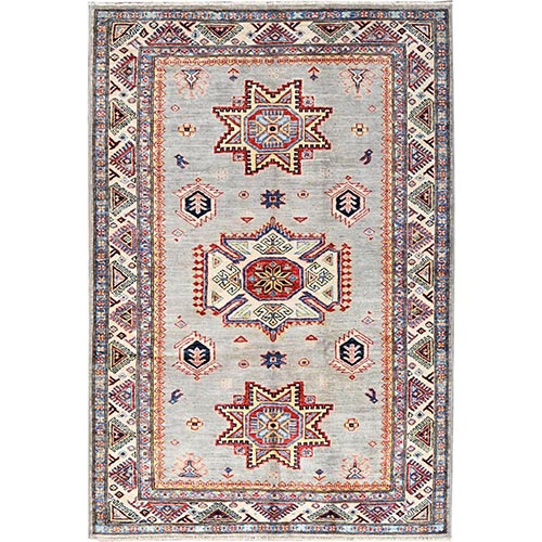 Ice Cadet Gray, Hand Knotted Natural Dyes, Super Kazak Dense Weave With Tribal Medallion Design, Extra Soft Wool Oriental Rug