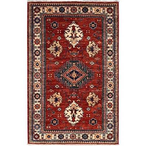 Chili Oil Red, Large Triple Medallion,  All Wool, Densely Woven, Natural Dyes, Kazak Tribal Design, Hand Knotted Oriental Rug