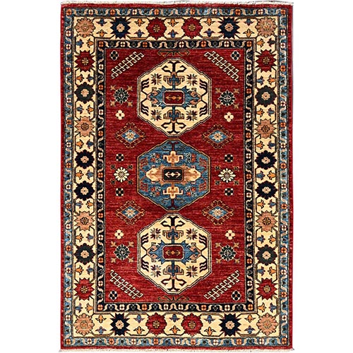 Goji Berry Red, All Wool, Densely Woven, Large Triple Medallion, Natural Dyes, Super Kazak , Hand Knotted Oriental Rug