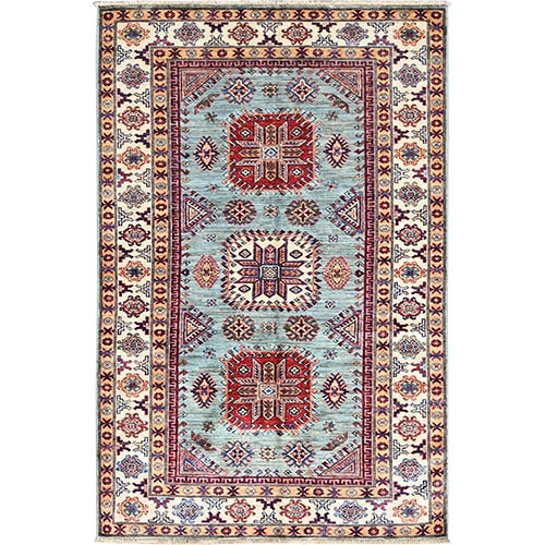 Overcast Blue,  Densely Woven, Afghan Super Kazak With All Over Small Geometric Gul Design, Natural Dyes,Soft Wool, Hand Knotted, Oriental Rug