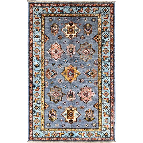 Blue Fog Grey, Afghan Super Kazak and Geometric Design, Vegetable Dyes, Densely Woven, Hand Knotted Soft and Vibrant Wool, Oriental Rug 
