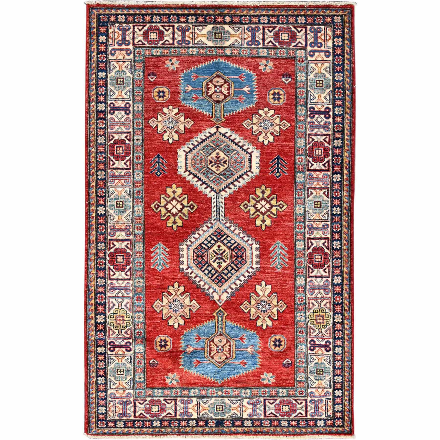 Lychee Red, Vegetable Dyes, Dense Weave Organic Wool, Hand Knotted Afghan Super Kazak with Tribal Geometric Medallions, Oriental Rug