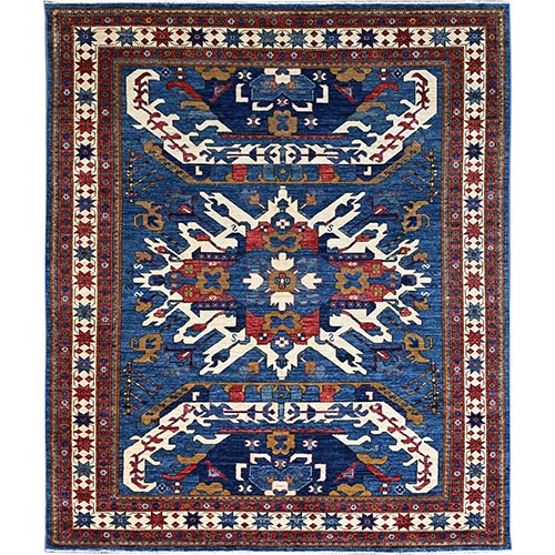 Sailor Blue, Afghan Super Kazak Design with Large Elements, Dense Weave, Natural Dyes, Hand Knotted, Natural Wool, Oriental Rug