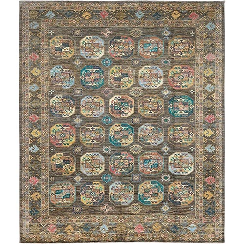Covert Green, All Over Motifs, Natural Dyes, Kazak Dense Weave and Tribal Medallion Design Extra Soft Wool Oriental Hand Knotted Rug