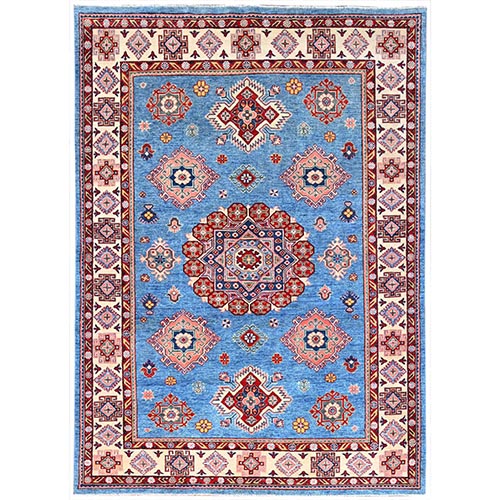 Ocean City Blue, Ivory Border, Hand Knotted, Natural Dyes, Kazak With All Over Motifs Densely Woven, Soft and Vibrant Wool, Oriental Rug