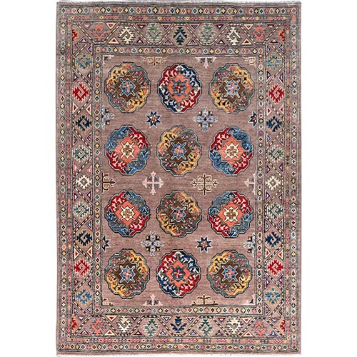 Bare Beige, Hand Knotted, Densely Woven, Kazak with Afghan Ersari Elephant Feet All Over Design, Vegetable Dyes, Oriental Rug