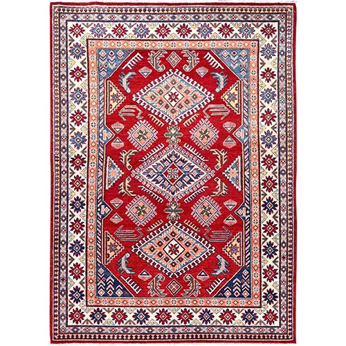 Geranium Red, Densely Woven Afghan Kazak Triple Medallion And Vegetable Dyes, Hand Knotted Oriental Rug