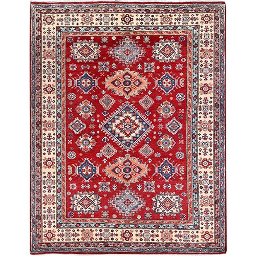 Hot Ember Red, 100% Wool, Hand Knotted Natural Dyes, Kazak With All Over Geometric Medallions, Oriental Dense Weave Rug