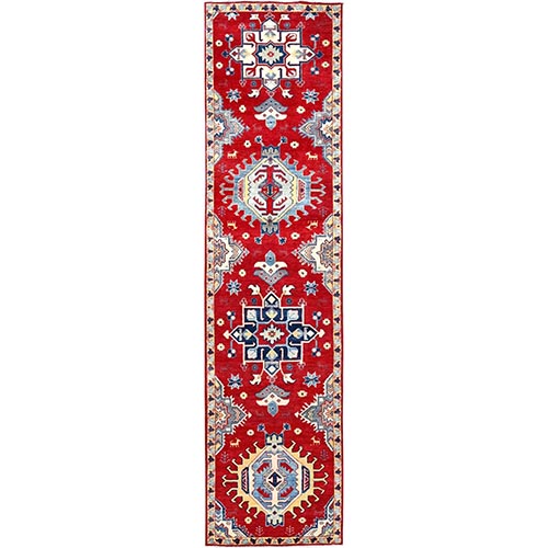 Toreador Red,   Kazak With Large Geometric Medallions, 100% Wool, Hand Knotted Natural Dyes, Denser Weave, Runner Oriental 