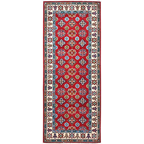 Lychee Red, Hand Knotted Kazak, All Over Geometric Design,  Densely Woven, Pure Wool, Natural Dyes, Runner Oriental 
