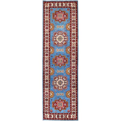 Bahama Blue and Ivory Border, Densely Woven Natural Dyes, Hand Knotted Special Kazak with Tribal Motifs, Soft and Vibrant Wool, Runner Oriental Rug