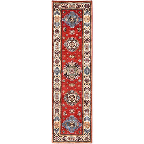 Neon Red, 100% Wool, Vegetable Dyes, Special Kazak with Geometric Medallion Design, Hand Knotted Runner Oriental Rug