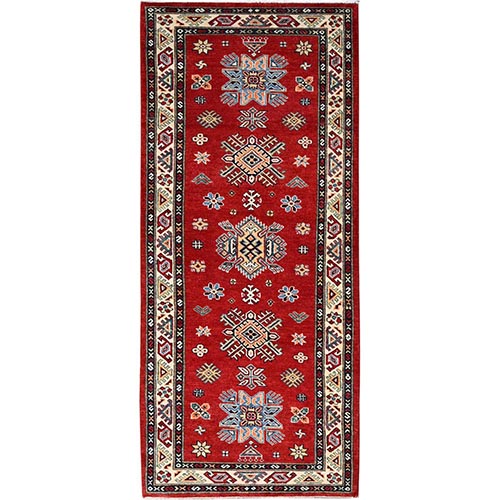 Heritage Red, Dense Weave Soft and Vibrant Wool Special Kazak with Geometric Elements, Vegetable Dyes, Hand Knotted Oriental Wide Runner Rug