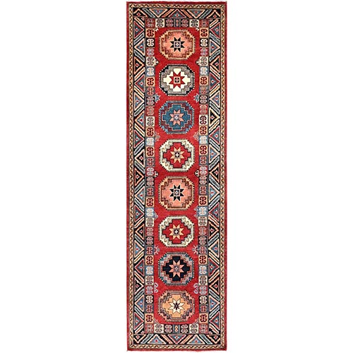 Bolero Red and Delft Blue, Special Kazak with Colorful Geometric Medallions, Natural Dyes, 100% Wool, Hand Knotted, Runner Oriental Rug