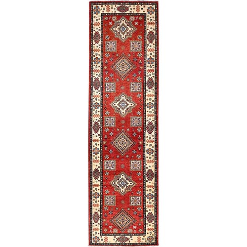 Lattice Red, Hand Knotted Afghan Special Kazak with Geometric Elements, Natural Dyes Densely Woven, Pure Wool, Runner Oriental Rug