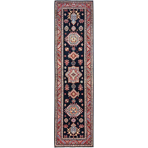 Dark Night Blue, Vegetable Dyes Extra Soft Wool, Densely Woven Hand Knotted, Special Kazak and Tribal Medallion Design, Runner Oriental Rug