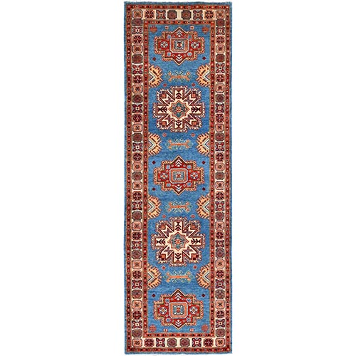 Jelly Bean Blue With Huntington White, Afghan Special Kazak With Large Elements, Densely Woven Vegetable Dyes, Hand Knotted Soft Wool Oriental Runner Rug