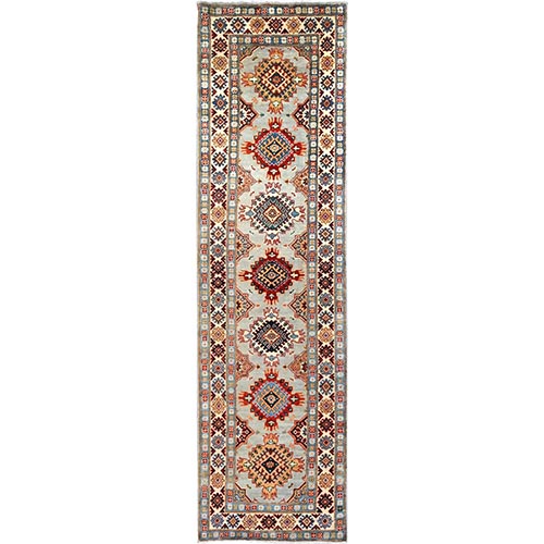 Screen Gray with Ivory Border, Afghan Special Kazak with Medallion Design, Hand Knotted Densely Woven Natural Dye Oriental Organic Wool Runner 