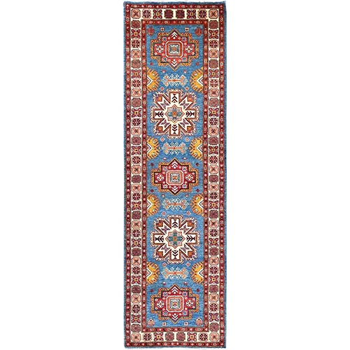 Seaworthy Blue and Vivid White, Vegetable Dyes Extra Soft Wool, Densely Woven Hand Knotted, Special Kazak and Geometric Design, Runner Oriental Rug