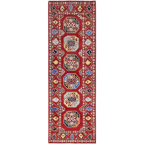 Toreador Red, Soft and Velvety Wool, Hand Knotted, Densely Woven, Special Kazak with Afghan Ersari Elephant Feet Design, Vegetable Dyes, Oriental Wide Runner Rug