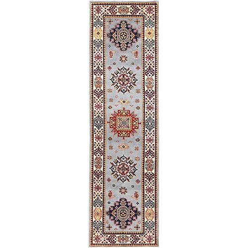 Quiet Gray, Densely Woven Hand Knotted  Afghan Special Kazak, Medallion Design, Vegetable Dyes Extra Soft Wool, Oriental Runner Rug