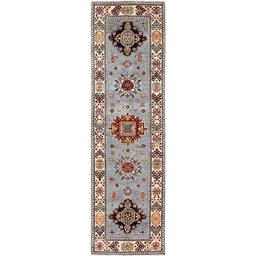 Harbor Mist Gray, Afghan Special Kazak with Geometric Elements, Vegetable Dyes, Pure Wool, Runner Hand Knotted Oriental Rug