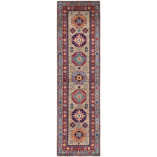 Linen Beige, Afghan Special Kazak with Colorful Geometric Pattern, Multiple Border, Shiny Wool, Hand Knotted Natural Dyes, Densely Woven Runner Oriental 