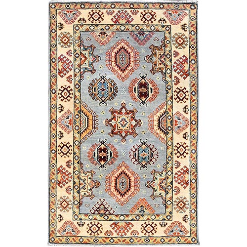 Antarctica Gray and Papaya Whip White, Vegetable Dyes, Dense Weave 100% Wool, Hand Knotted Afghan Special Kazak with All Over Geometric Medallions, Oriental Rug