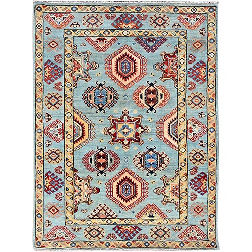 Aero Blue, Densely Woven and Natural Dyes Special Kazak with All Over Design, Hand Knotted All Wool Oriental Rug