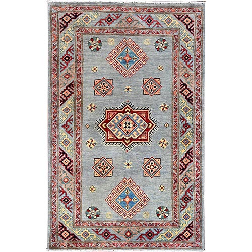 Limestone Gray, Hand Knotted Special Kazak Geometric Design, Super Fine Wool With Natural Dyes, Oriental Densely Woven Rug