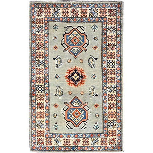 Fairest Jade Gray, Special Kazak Dense Weave, 100% Wool, Hand Knotted, Geometric Design, Natural Dyes, Oriental Rug