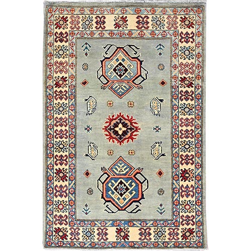 Celadon Tint Gray With Cornsilk Ivory, Special Kazak Triple Medallion Natural Dyes, 100% Wool Hand Knotted, Dense Weave Oriental Rug