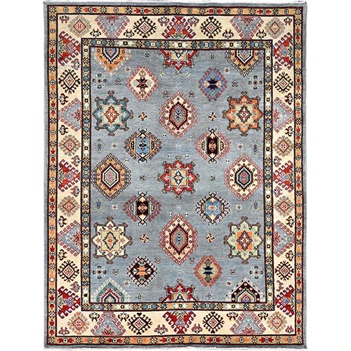Poolhouse Gray and Gnocchi Beige, Special Kazak, Geometric Design, Hand Knotted 100% Wool Densely Woven Vegetable Dyes Oriental Rug