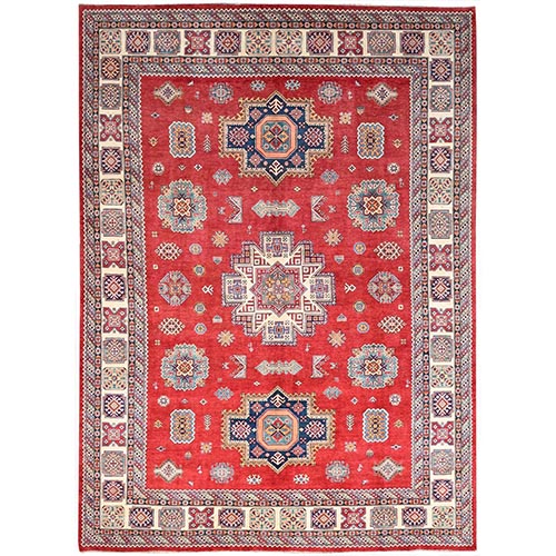 Tucson Red with Dover White, Special Kazak Large Medallions, Densely Woven Hand Knotted With Natural Dyes, Oriental 100% Wool Rug
