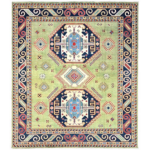 Pale Clover Green and Naval Blue, Vegetable Dyes and Dense Weave Hand Knotted Afghan Special Kazak with Pinwheel Design, Soft and Velvety Wool, Oriental Rug