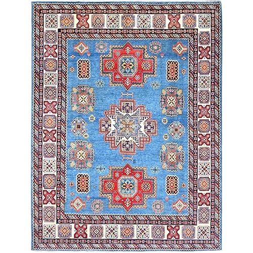Cerulean Blue, Special Kazak with All Over pattern Natural Dyes, Pure Wool Hand Knotted, Oriental Densely Woven Rug