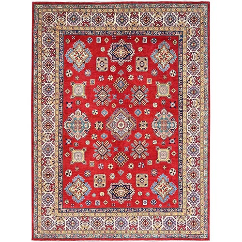 Salsa Red with Ivory Border, Afghan Special Kazak with All Over Geometric Pattern, Vegetable Dyes, Extra Soft Wool Hand Knotted, Densely Woven Oriental Rug 