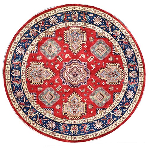 Rufous Red, Denser Weave Special Kazak Geometric Design, Vegetable Dyes and Natural Wool, Hand Knotted Round Oriental 