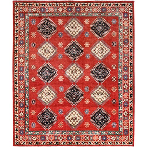 Currant Red, Dense Weave Special Kazak with All Over Medallions, Vegetable Dyes, Extra Soft Wool Hand Knotted, Oriental Rug