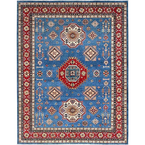 Pacific Pleasure Blue with Salsa Red, Hand Knotted Special Kazak with Geometric Medallion Design, Organic Wool, Natural Dyes Oriental Rug