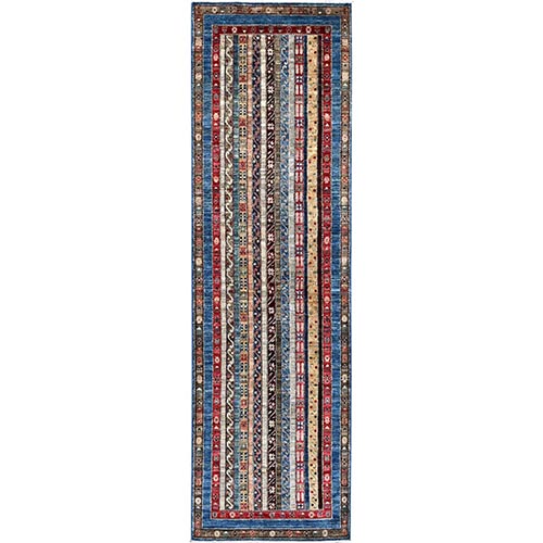 Frosted Almond Ivory, Colorful Dense Weave Pure Wool, Afghan Super Kazak with Shawl Design, Hand Knotted Vegetable Dyes Runner Oriental Rug