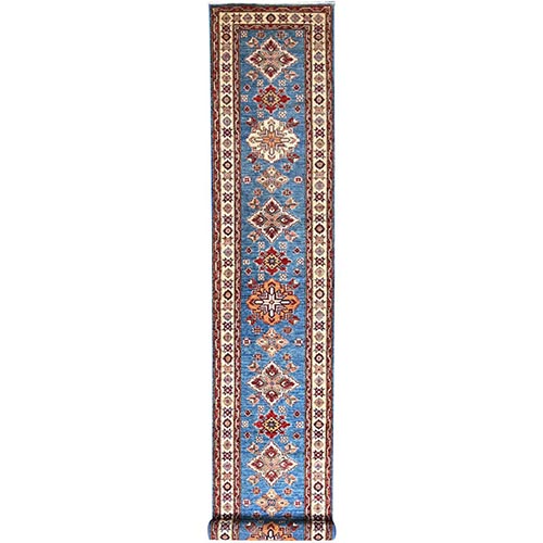 King Triton Blue, Natural Wool Natural Dyes, Hand Knotted, Afghan Super Kazak with Large Medallions Design, Densely Woven, XL Runner Oriental Rug