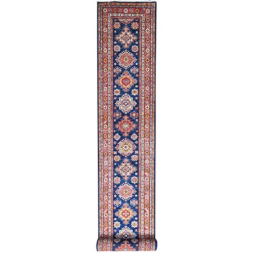 Byzantine Blue with Red Border, Hand Knotted, Afghan Super Kazak with Large Medallions Design, Soft Wool, Densely Woven, XL Runner Vegetable Dyes Oriental 