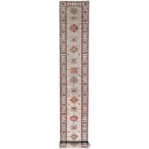 Moon Gray with Heat White, Afghan Super Kazak with Large Geometric Medallions Pattern 100% Wool, Densely Woven Natural Dyes, Hand Knotted, Oriental XL Runner 
