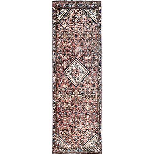 Georgia Peach, Semi Antique Persian Hussainabad, Excellent Condition, Organic Wool, Sides and Ends Professionally Secured, Cleaned, Distressed Look, Evenly Worn, Wide Runner Hand Knotted Oriental Rug  