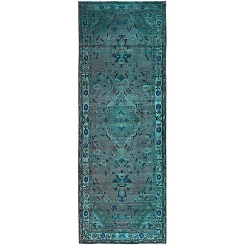 Bistro Green and Teal Blue, Overdyed, Sheared Low Evenly Worn, Hand Knotted Vintage Persian Bibikabad Cleaned, Sides and Ends Professionally Secured, Cropped Thin Wide Runner Oriental 