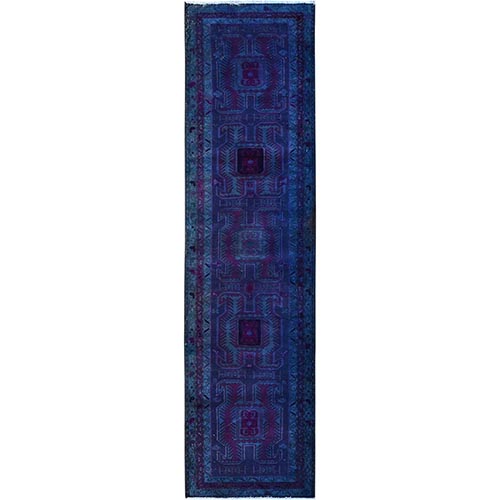 Twilight Blue, Overdyed Purple, Semi Antique Northwest Persian, Evenly Worn, Distressed Look and Cropped Thin, Professionally Cleaned, Sides and Ends Secured, Sheared Low, Pure Wool Hand Knotted Wide Runner Oriental 