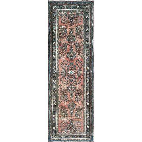 Mona Lisa Red, Soft Wool, Sunset Colors Semi Antique Persian Lilahan With Flower Botteh, Distressed Look, Professionally Secured and Cleaned, Wide Runner Oriental 